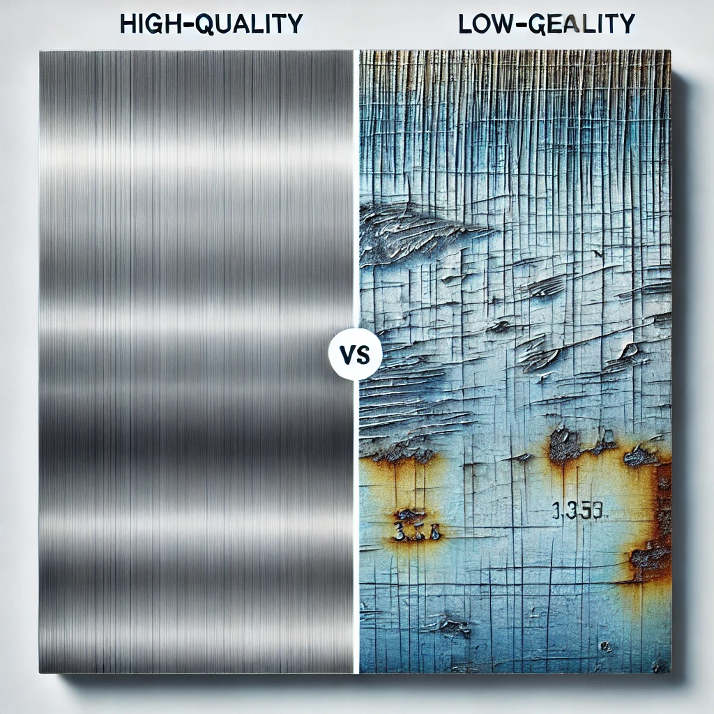 DALL·E 2024-08-30 09.26.26 - A split-screen image comparing high-quality stainless steel (inox) with low-quality stainless steel. The left side features a high-quality inox sheet .webp